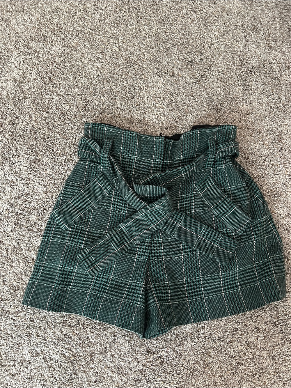 Maje High-Waist Green Plaid Paperbag Shorts with Belt